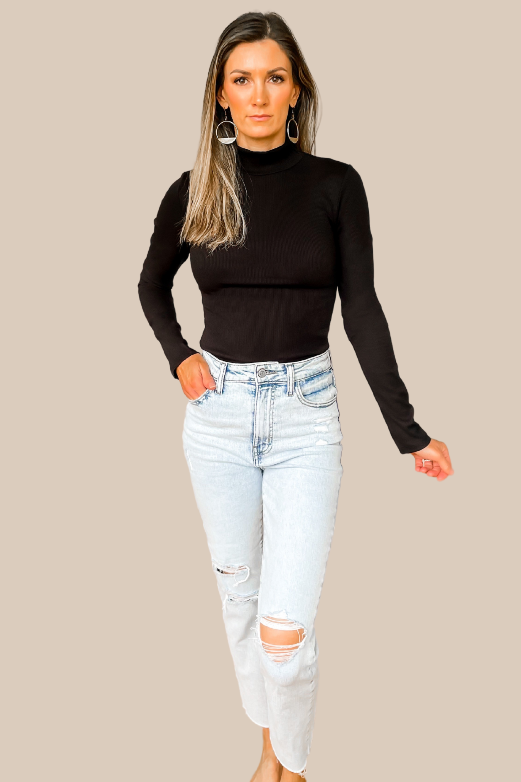 Logo Patch Mock Neck Top In Bodycon Knit