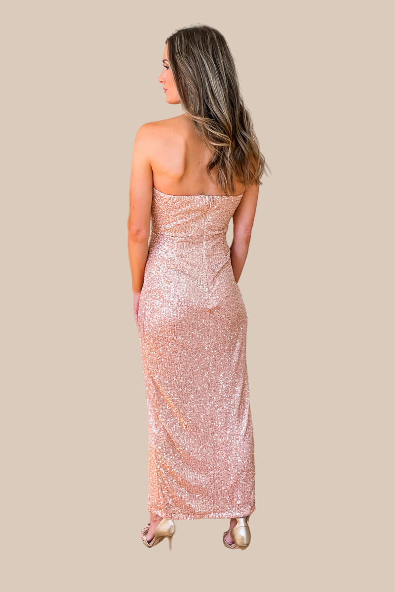 Talk Of The Party Deep Sweetheart Strapless Sequin Maxi Dress - Rose Gold - FINAL SALE