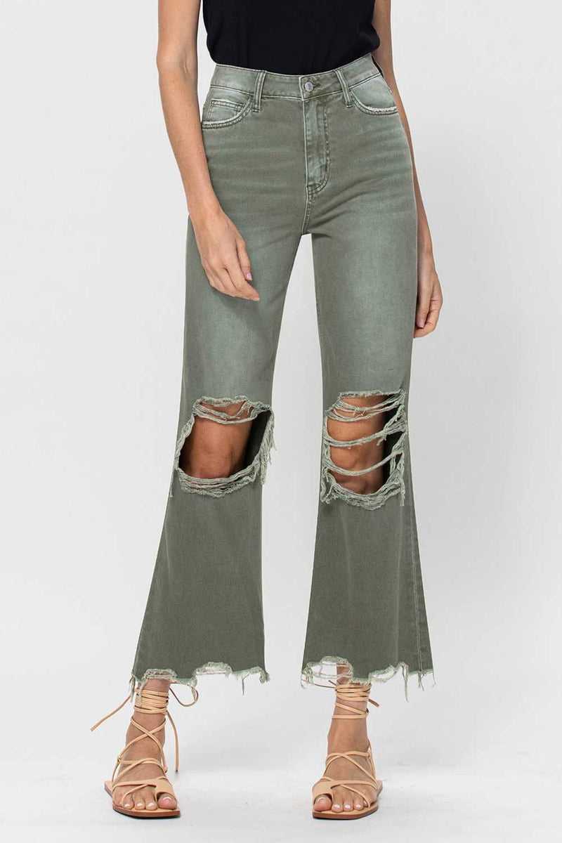 Happy Place 90's Crop Flare Jeans - Army Green