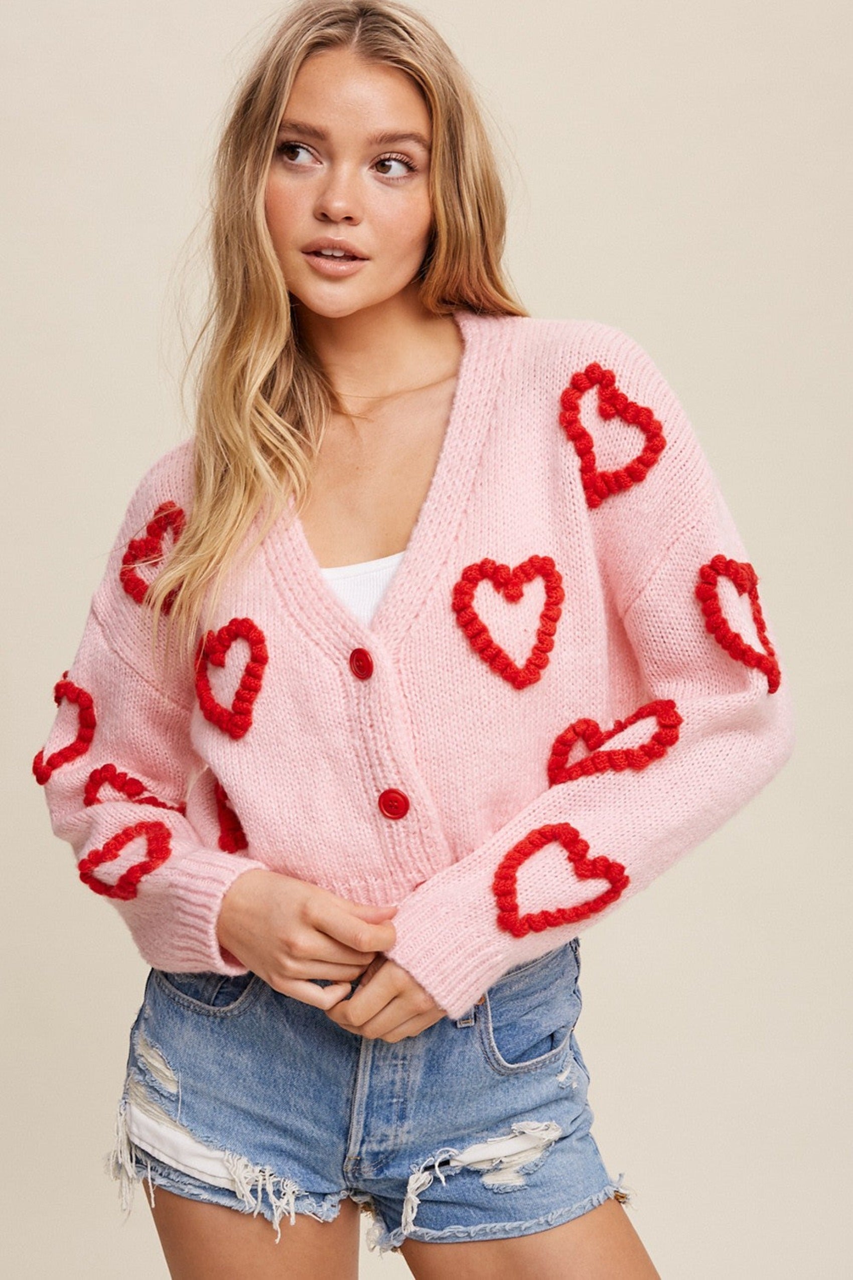 Full Hearts Cardigan Pink Red Ivy Olive Boutique