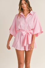 Marissa Linen Blend Shirt Romper - Pink