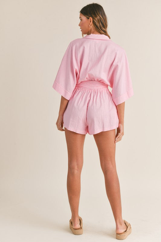 Marissa Linen Blend Shirt Romper - Pink