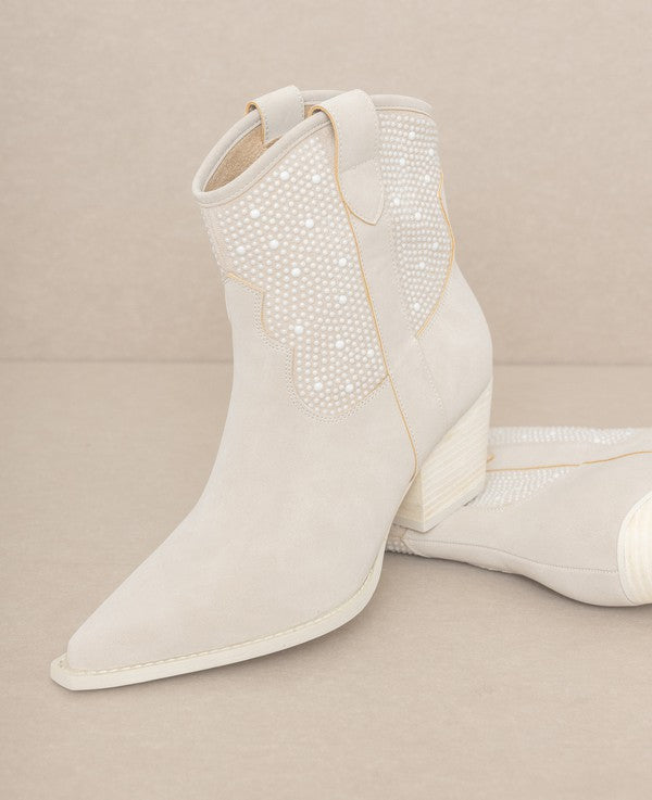 Cannes Pearl Studded Western Boot - Light Grey