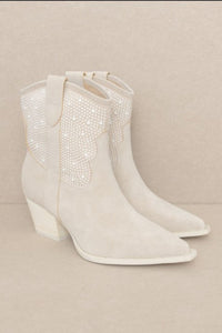 Cannes Pearl Studded Western Boot - Light Grey