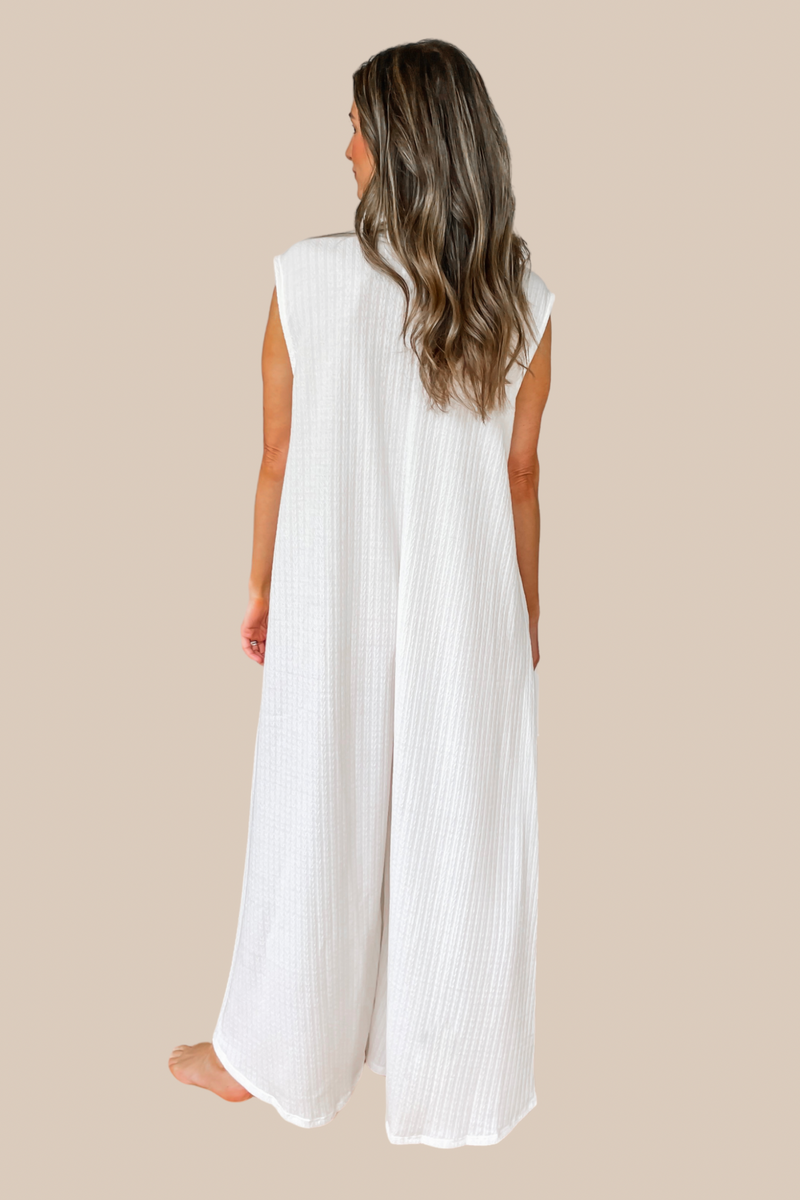 Catalina Wide Leg Textured Knit Jumpsuit - Off White - SALE