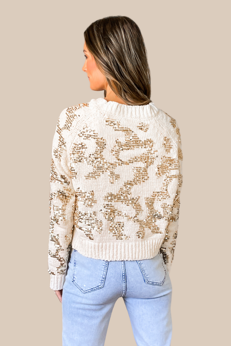 Touch Of Sparkle Ivory and Gold Sequin Sweater Ivy Olive Boutique