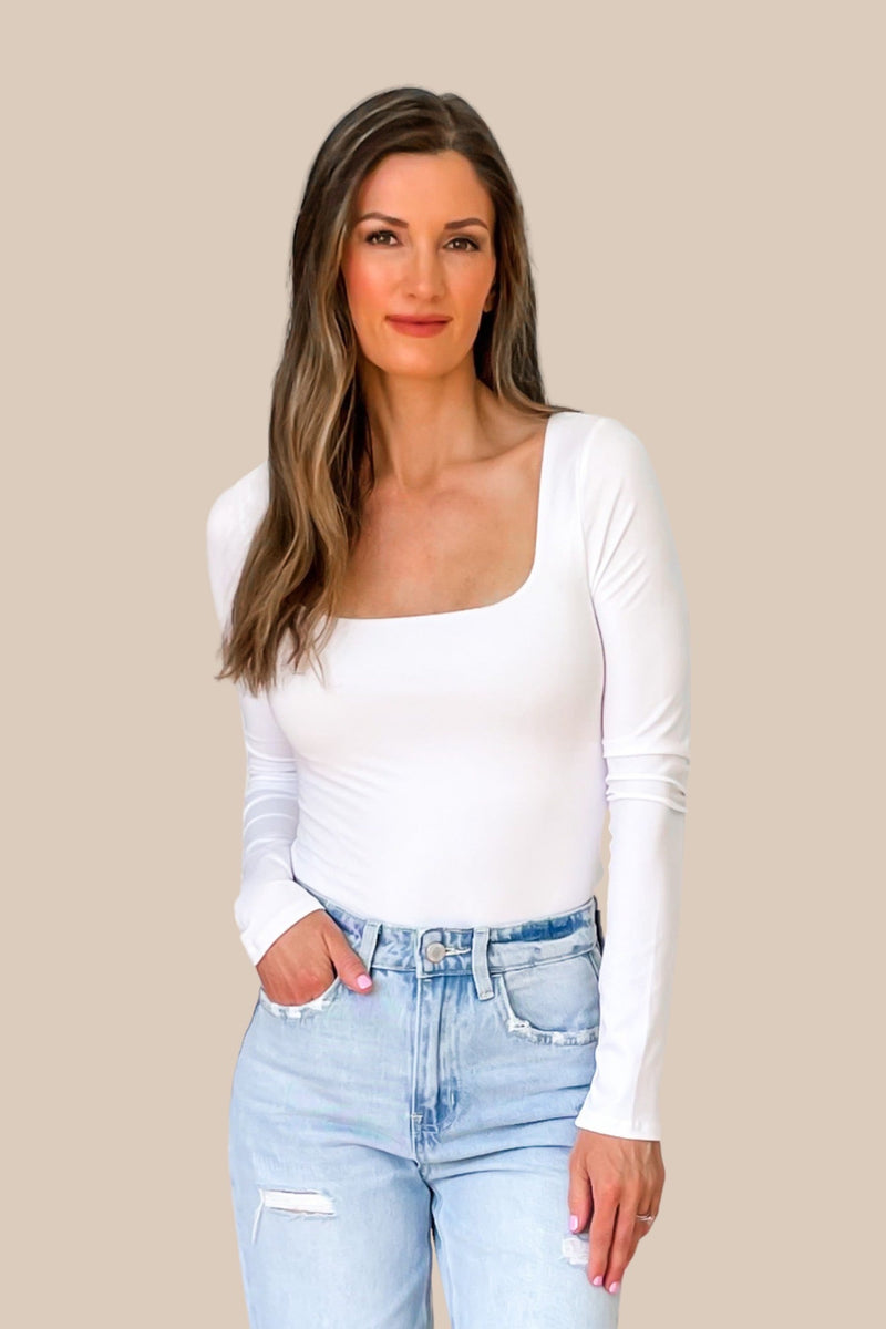 Jolene Soft Seamless Long Sleeve Square Neck Bodysuit - White