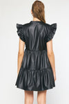 Faux Leather Ruffle Sleeve V Neck Tiered Mini Dress - Black - SALE