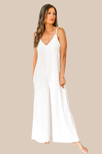 Vacay State Of Mind White Ribbed Wide Leg Jumpsuit - restock! - SALE