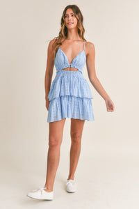 Delilah Eyelet Lace Ruffle Tie Front Mini Dress - Blue