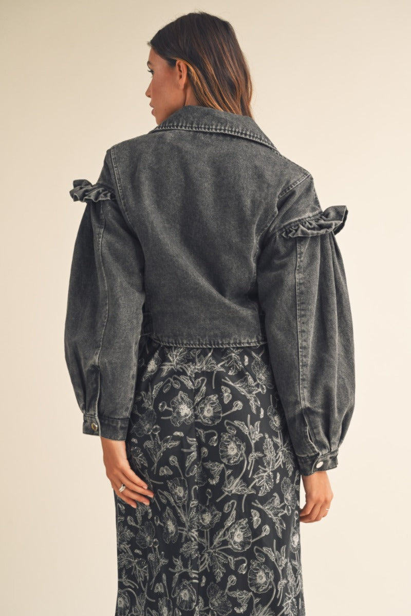 This Must Be Love Black Denim Ruffle Sleeve Moto Jacket