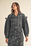 This Must Be Love Black Denim Ruffle Sleeve Moto Jacket