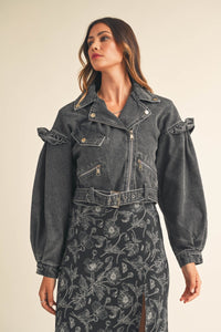 This Must Be Love Black Denim Ruffle Sleeve Moto Jacket - FINAL SALE