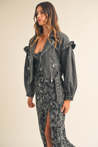 This Must Be Love Black Denim Ruffle Sleeve Moto Jacket