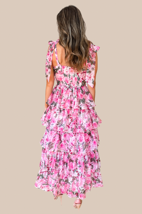 Bridgerton Pink Floral Tiered Ruffle Maxi Dress