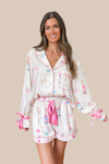 Ring and Champagne Ribbon Bow Satin Pajama Set - Ivory and Pink