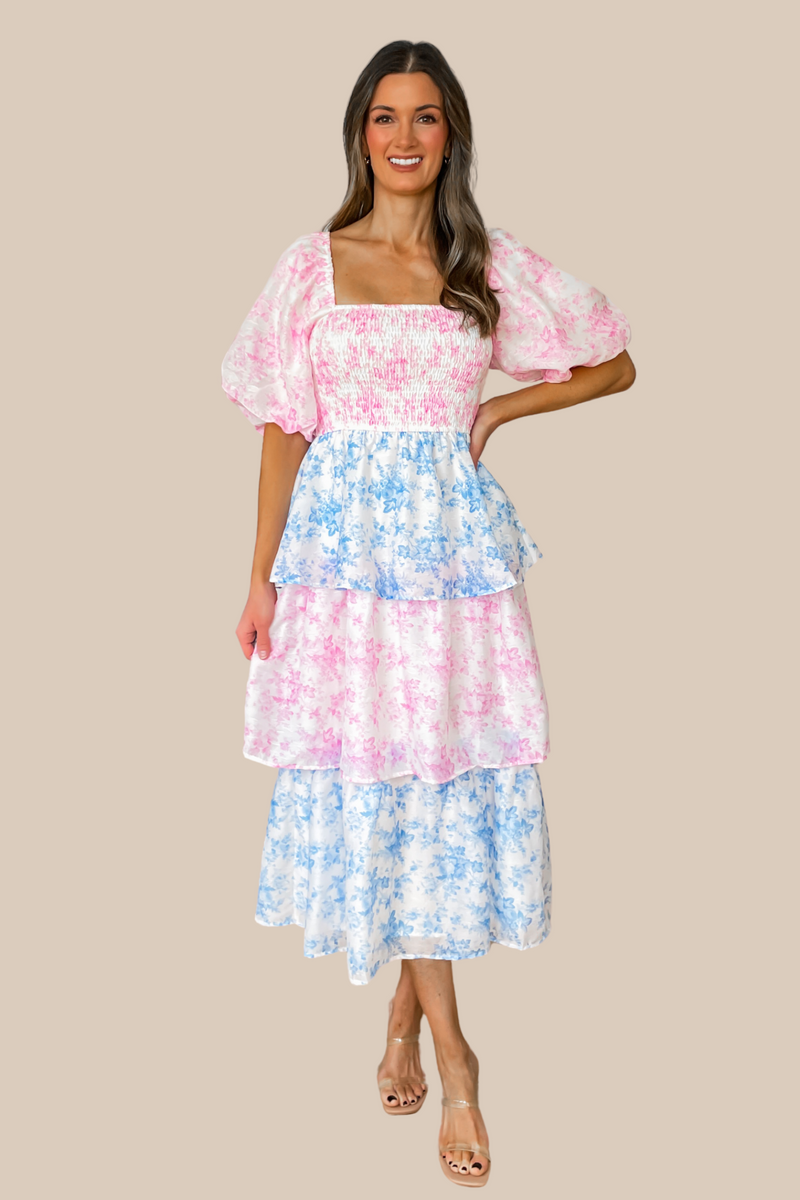 Tea Party Tiered Midi Dress - Pink and Blue