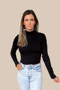 Maeve Ribbed Knit Mock Neck Top - Black