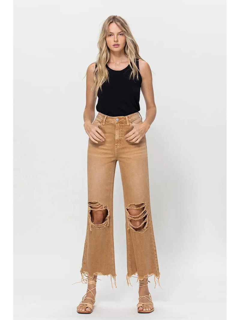 Happy Place 90's Crop Flare Jeans - Camel - Restock!