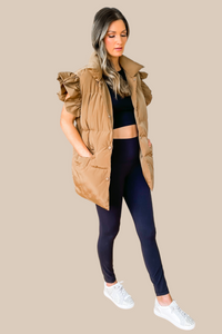 Ruffle Sleeve Puffer Vest - Camel