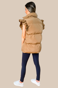 Ruffle Sleeve Puffer Vest - Camel