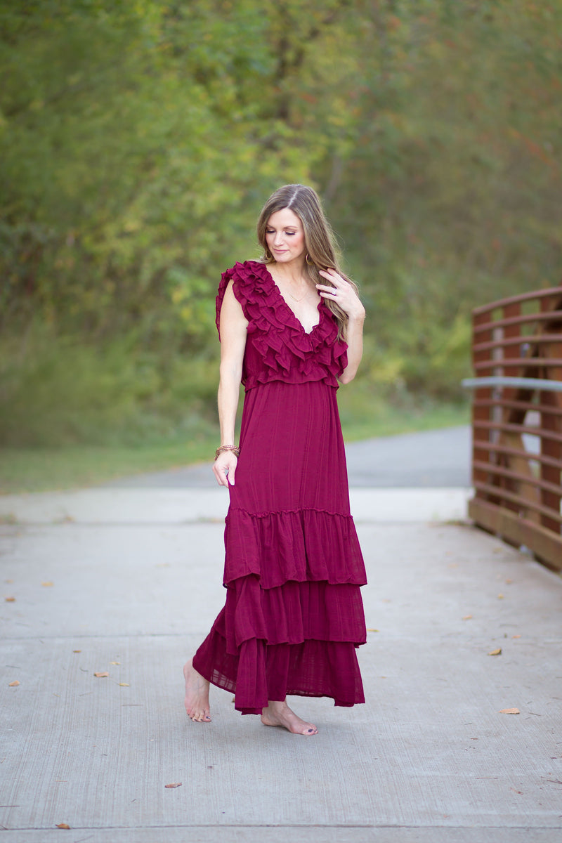 Define The Moment Wine Maxi Dress -SALE